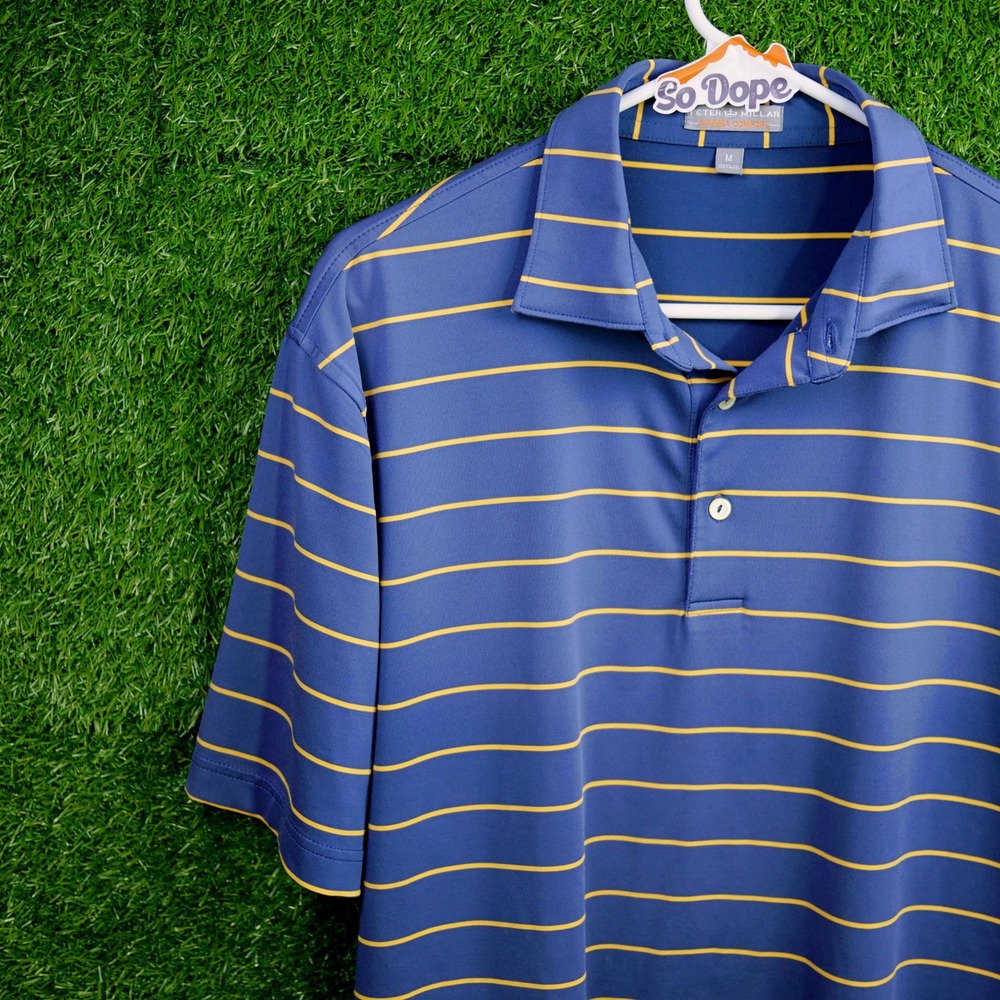 Peter Millar Polo Shirt Blue Yellow Striped Summer Comfort - Mens Size M
